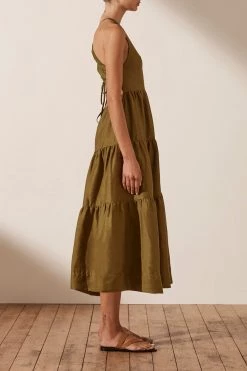 Shona Joy MAYA LINEN OPEN BACK TIERED MIDI DRESS - CUMIN DRESSES