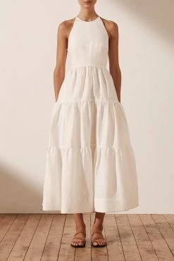Shona Joy DRESSES MAYA LINEN BACKLESS HALTER MIDI DRESS - IVORY