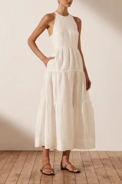 Shona Joy DRESSES MAYA LINEN BACKLESS HALTER MIDI DRESS - IVORY
