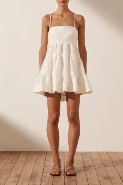Shona Joy MAYA LINEN PIN TUCK OPEN BACK TIERED MINI DRESS - IVORY