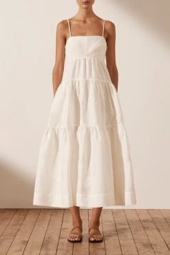 Shona Joy MAYA LINEN PIN TUCK OPEN BACK TIERED MIDI DRESS - IVORY