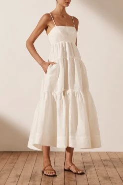 Shona Joy MAYA LINEN PIN TUCK OPEN BACK TIERED MIDI DRESS - IVORY