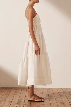 Shona Joy MAYA LINEN PIN TUCK OPEN BACK TIERED MIDI DRESS - IVORY