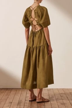 Shona Joy DRESSES MAYA LINEN SHORT SLEEVE OPEN BACK MIDI DRESS - CUMIN