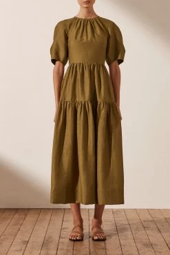 Shona Joy DRESSES MAYA LINEN SHORT SLEEVE OPEN BACK MIDI DRESS - CUMIN