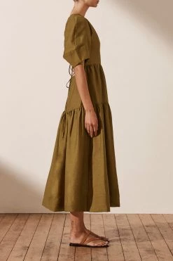 Shona Joy DRESSES MAYA LINEN SHORT SLEEVE OPEN BACK MIDI DRESS - CUMIN