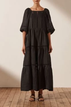 Shona Joy ARIELLA LINEN PIN TUCK PUFF SLEEVE MIDI DRESS - BLACK