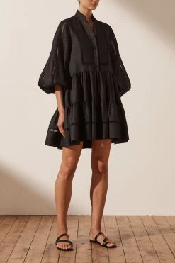 Shona Joy ARIELLA LINEN PIN TUCK TUXEDO MINI DRESS - BLACK