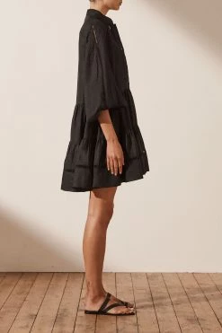 Shona Joy ARIELLA LINEN PIN TUCK TUXEDO MINI DRESS - BLACK