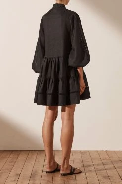 Shona Joy ARIELLA LINEN PIN TUCK TUXEDO MINI DRESS - BLACK