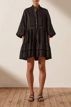 Shona Joy ARIELLA LINEN PIN TUCK TUXEDO MINI DRESS - BLACK