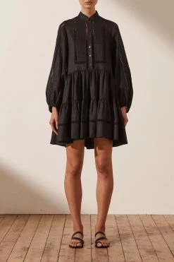 Shona Joy ARIELLA LINEN PIN TUCK TUXEDO MINI DRESS - BLACK