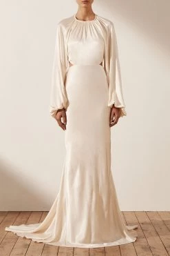 Shona Joy LA LUNE BALLOON SLEEVE OPEN BACK MAXI DRESS - CREAM