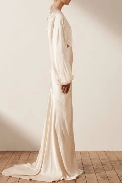 Shona Joy LA LUNE BALLOON SLEEVE OPEN BACK MAXI DRESS - CREAM