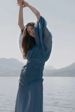 Shona Joy KAYLA BUTTON UP RUCHED MIDI DRESS - BLUE SMOKE