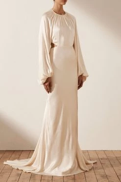 Shona Joy LA LUNE BALLOON SLEEVE OPEN BACK MAXI DRESS - CREAM