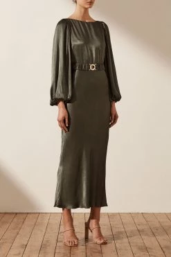 Shona Joy LA LUNE BALLOON SLEEVE MIDI DRESS WITH BELT - OLIVE DRESSES