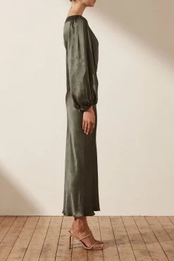 Shona Joy LA LUNE BALLOON SLEEVE MIDI DRESS WITH BELT - OLIVE DRESSES