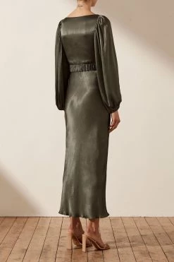 Shona Joy LA LUNE BALLOON SLEEVE MIDI DRESS WITH BELT - OLIVE DRESSES
