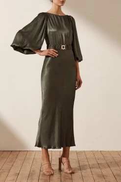 Shona Joy LA LUNE BALLOON SLEEVE MIDI DRESS WITH BELT - OLIVE DRESSES