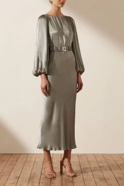 Shona Joy DRESSES LA LUNE BALLOON SLEEVE MIDI DRESS WITH BELT - SAGE