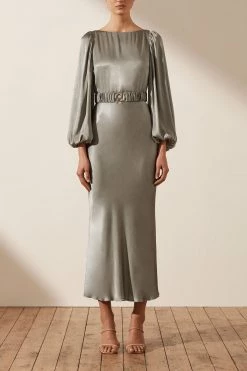 Shona Joy DRESSES LA LUNE BALLOON SLEEVE MIDI DRESS WITH BELT - SAGE