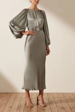 Shona Joy DRESSES LA LUNE BALLOON SLEEVE MIDI DRESS WITH BELT - SAGE