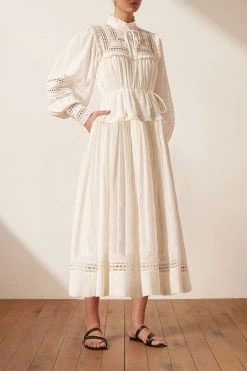 Shona Joy DRESSES LUCIA BALLOON SLEEVE FRILL MIDI DRESS - IVORY