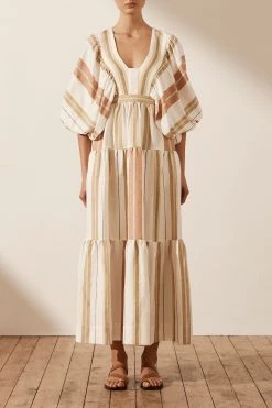 Shona Joy SUZANA LINEN PLUNGED BALLOON SLEEVE MIDI DRESS