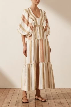 Shona Joy SUZANA LINEN PLUNGED BALLOON SLEEVE MIDI DRESS