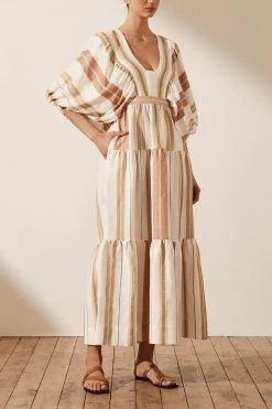 Shona Joy SUZANA LINEN PLUNGED BALLOON SLEEVE MIDI DRESS
