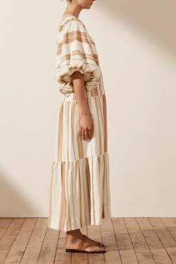 Shona Joy SUZANA LINEN PLUNGED BALLOON SLEEVE MIDI DRESS