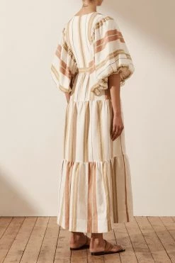 Shona Joy SUZANA LINEN PLUNGED BALLOON SLEEVE MIDI DRESS