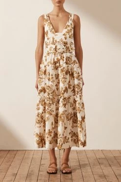 Shona Joy BELLA LINEN PLUNGED TIERED MIDI DRESS
