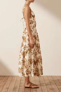 Shona Joy BELLA LINEN PLUNGED TIERED MIDI DRESS