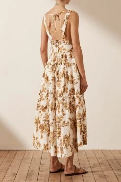 Shona Joy BELLA LINEN PLUNGED TIERED MIDI DRESS