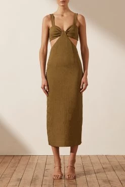 Shona Joy SIMONE GATHERED CUT OUT MIDI DRESS - CUMIN DRESSES
