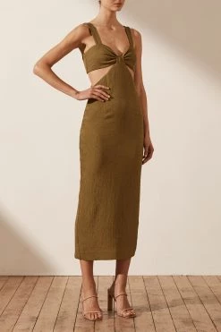 Shona Joy SIMONE GATHERED CUT OUT MIDI DRESS - CUMIN DRESSES