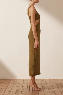 Shona Joy SIMONE GATHERED CUT OUT MIDI DRESS - CUMIN DRESSES