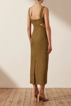 Shona Joy SIMONE GATHERED CUT OUT MIDI DRESS - CUMIN DRESSES