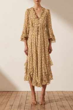 Shona Joy JULIA BALLOON SLEEVE GODET MIDI DRESS DRESSES