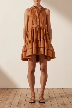 Shona Joy JOANA LINEN PIN TUCK SLEEVELESS MINI DRESS - RUST DRESSES 9 Shona Joy JOANA LINEN PIN TUCK SLEEVELESS MINI DRESS - RUST DRESSES