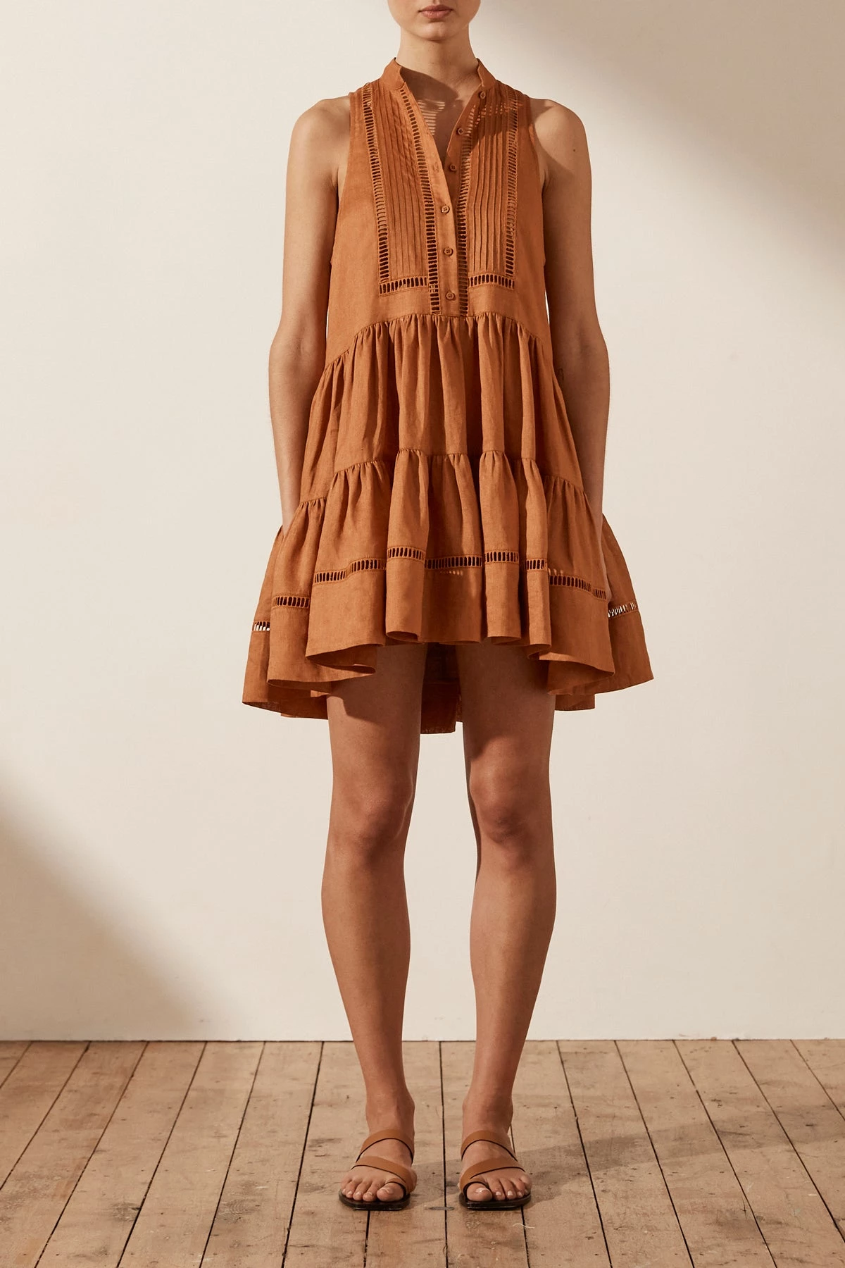 Shona Joy JOANA LINEN PIN TUCK SLEEVELESS MINI DRESS - RUST DRESSES 3 Shona Joy JOANA LINEN PIN TUCK SLEEVELESS MINI DRESS - RUST DRESSES