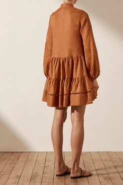 Shona Joy DRESSES JOANA LINEN PIN TUCK TUXEDO MINI DRESS - RUST
