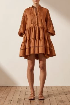 Shona Joy DRESSES JOANA LINEN PIN TUCK TUXEDO MINI DRESS - RUST