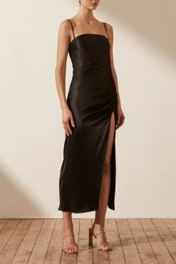 Shona Joy THALIA BIAS RUCHED MIDI DRESS - BLACK