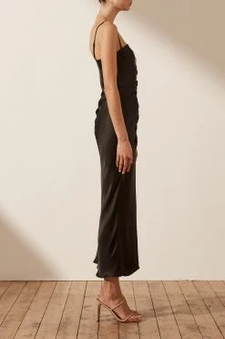 Shona Joy THALIA BIAS RUCHED MIDI DRESS - BLACK
