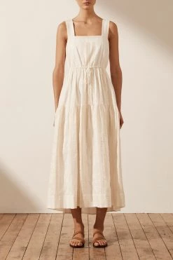 Shona Joy LUANA LINEN SQUARE NECK MIDI DRESS - IVORY DRESSES