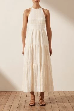 Shona Joy LUANA LINEN BACKLESS HALTER MIDI DRESS - IVORY