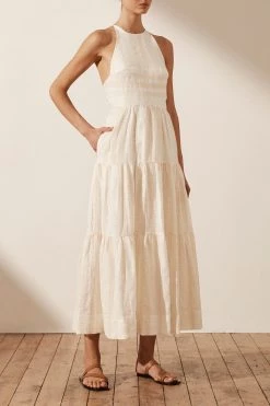 Shona Joy LUANA LINEN BACKLESS HALTER MIDI DRESS - IVORY